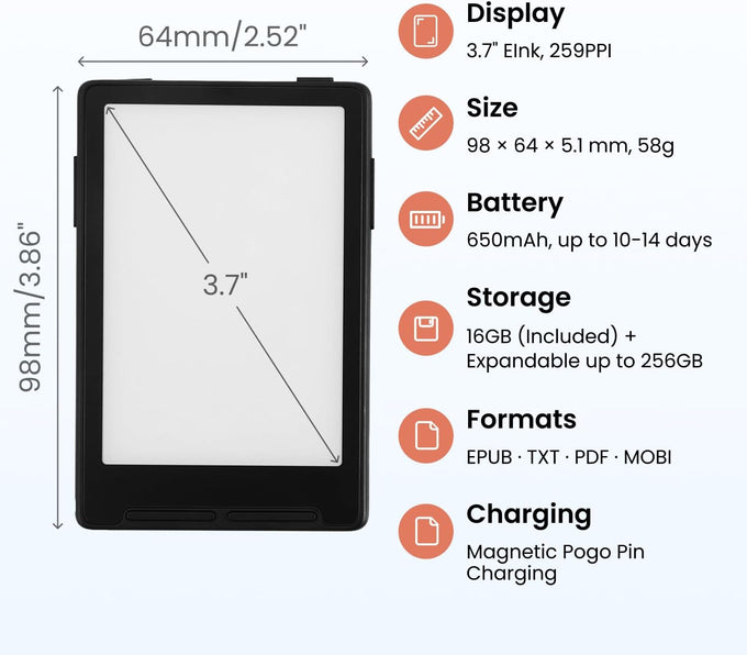 XTEINK X3 3.7" Pocket E-Ink eBook Reader, Space Black