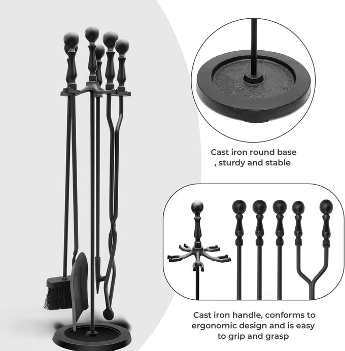 Heavy Duty Cast Iron Fireplace & Fire Pit Tools Set, 5-Piece