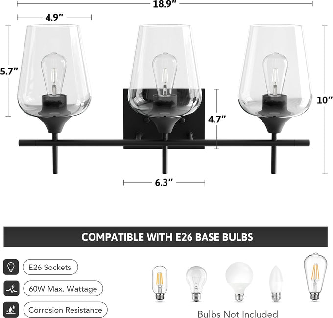 VONLUCE 3 Light Bathroom Vanity Light Fixture,Matte Black