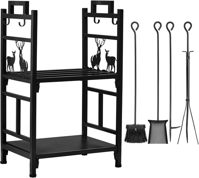 Outvita 2 Tier Firewood Log Rack, Iron Lumber Storage Holder, Wood Pile Stacker Organizer for Indoor Outdoor Fireplace Fire Stove Pit With 4 Fire Tools Hanging Hooks Christmas Elements Brown