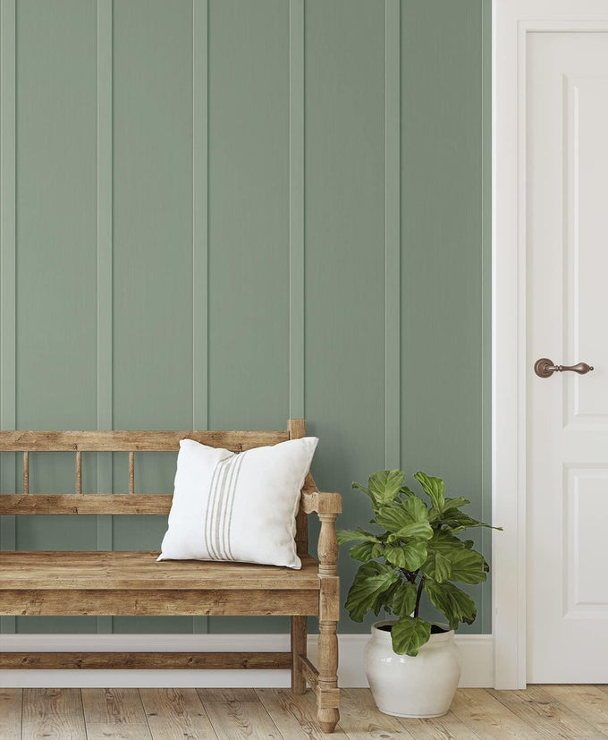 Faux Board and Batten Prepasted Wallpaper (Sage Green)