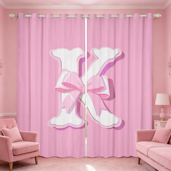jejeloiu Pink Bowknot Blackout Curtain,(2 Panels,52 x 90 Inch),Gifts Women Teen Girl Initial Letter K Curtains for Bedroom Living Room,Girly Romantic Blackout Curtains,Window Treatments