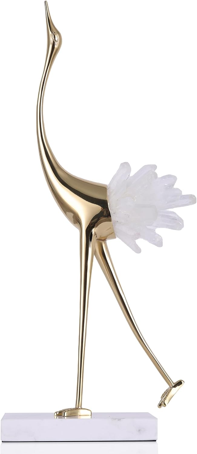 suruim Elegant Gold Crane Bird Statues with Crystal Tail Accents, Decorative Brass Figurines for Home Decor (White B)