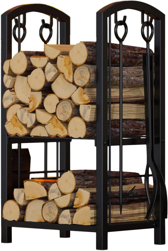 Fire Beauty Wrought Iron Firewood Log Rack with 4 Pcs Fireplace Tools Black