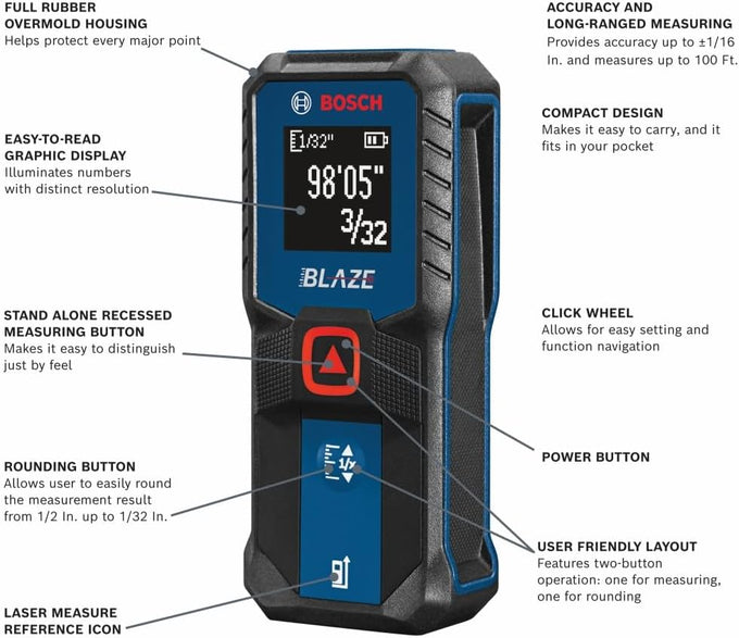BOSCH GLM100-23 100 Ft Blaze Laser Distance Measure, with 2 AA Batteries