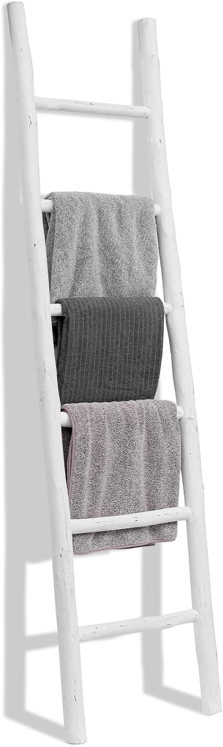 FUIN Blanket Ladder, 57in Wood Rustic Decorative Ladder, Light Gray