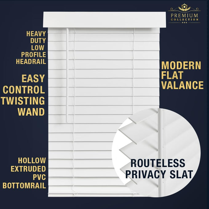 Lotus & Windoware Cordless Faux Wood Blind, Smooth, Bright White, Privacy Slats, Blinds for Indoor Windows, 35" Wide x 54" Long