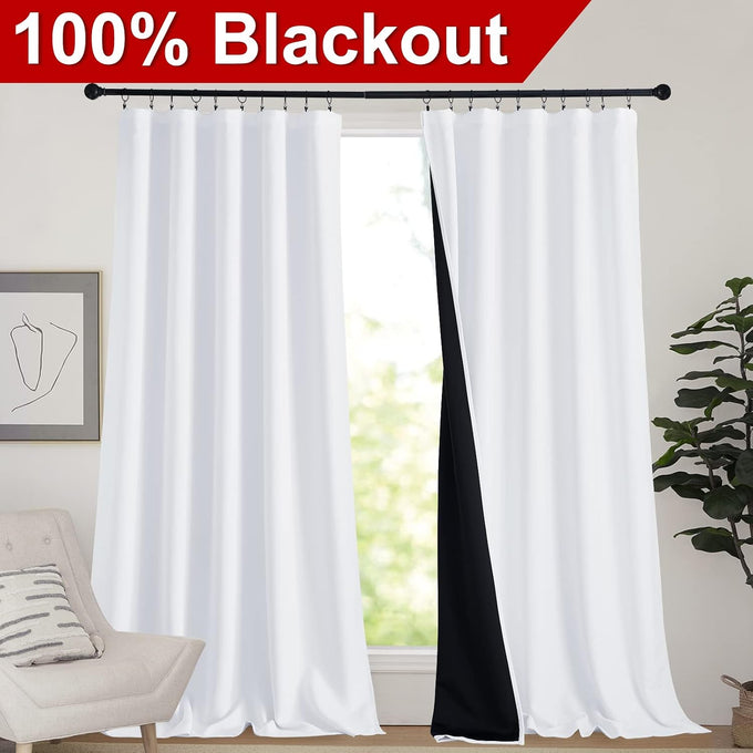 NICETOWN Thermal Insulated Curtains for Windows, Super Heavy-Duty Black Lined Blackout Curtains for Bedroom, Privacy Assured Window Treatment (White, Pack of 2, 62-inch W x 95-inch L)