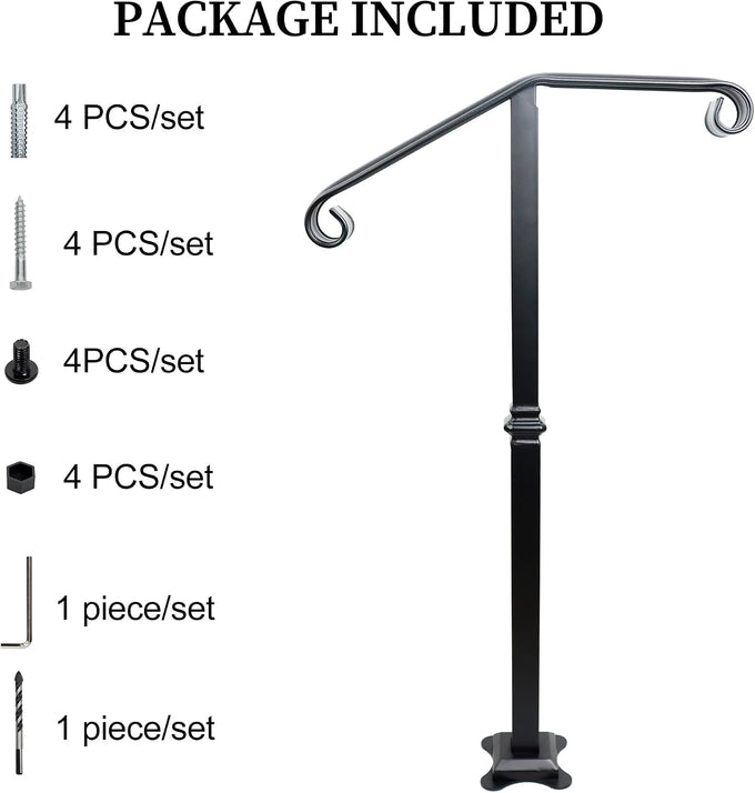 Handrail Railing, Single Post Handrail, Stair Railing for Concrete,Sturdy Handrails with Base, Mountable Iron Stair Handrail for 1 or 2 Steps, Grab Rail for Steps Porch, Railings for Outdoor Step