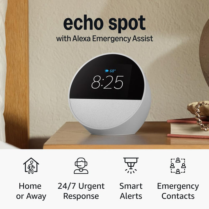 Amazon Echo Spot (newest model), Great for nightstands, offices and kitchens, Smart alarm clock, Designed for Alexa+, Glacier White