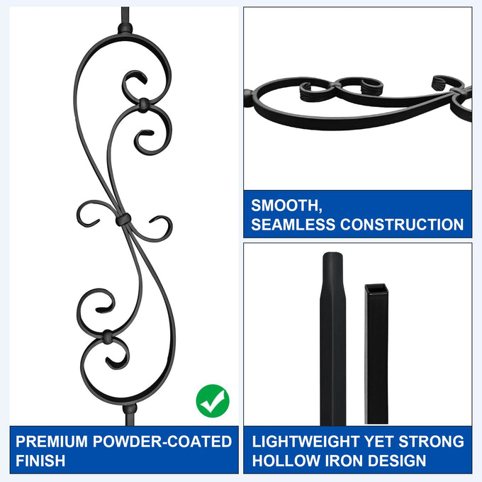 5 Pack 44" Iron S Scroll Balusters for Staircase Interior, 1/2" Hollow Stair Balusters, Matte Black Metal Balusters, Easy to Cut & Install