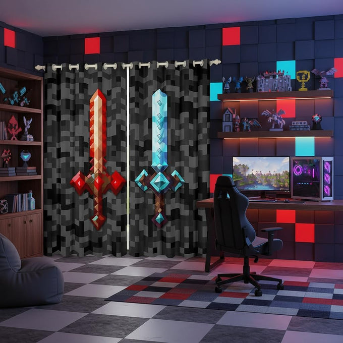 Castle Fairy Red Blue Sword Bedroom Decor Curtains,Sandbox Building Games Window Curtain,Kids Teens Pixelated Style Swords Window Treatment Grey Black Camo Blackout Drapes 2 Panels,52Wx90L