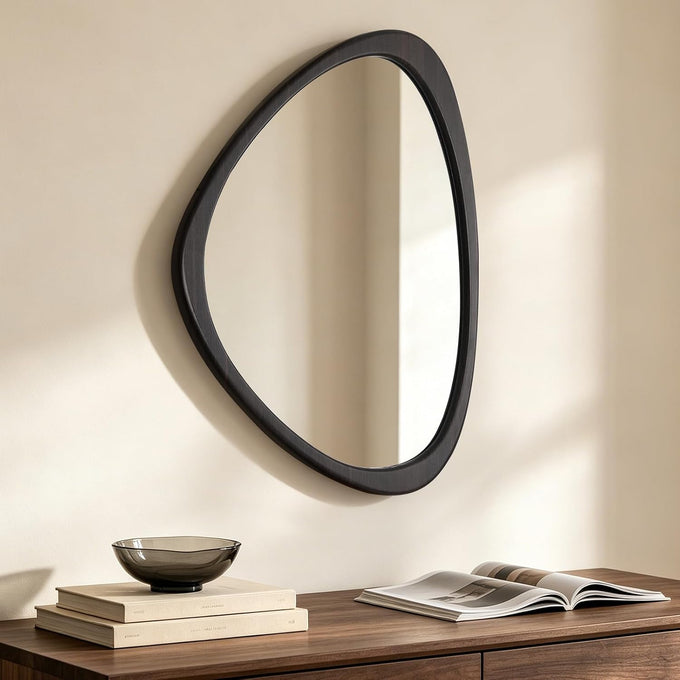 HOMECOOKIN 25 x 20 Asymmetrical Mirror, Irregular Wooden Wall Mirror for Bedroom, Living Room,Entryway– Mid-Century Modern Decorative Mirror, Solid Wood Frame, Pebble Shaped Design (Dark Brown)