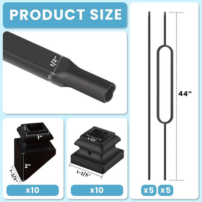 1/2" Wrought Iron Oval Balusters - Hollow Square Balusters-10p