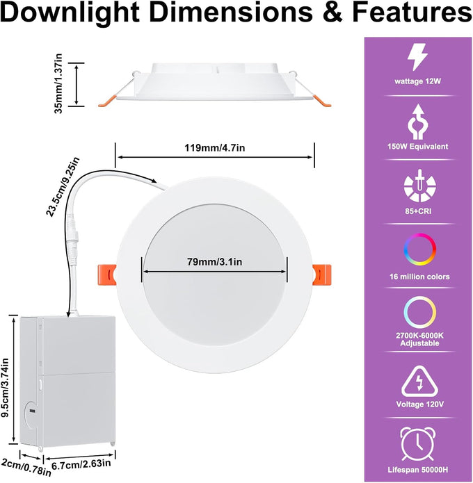 SikSog Smart Recessed Lighting 4 Inch RGBCW Color Changing 12W LED Downlight with Junction Box,1080 Lumen Recessed Ceiling Light Compatible with Alexa,Dimmable by Bluetooth Control -12Pack