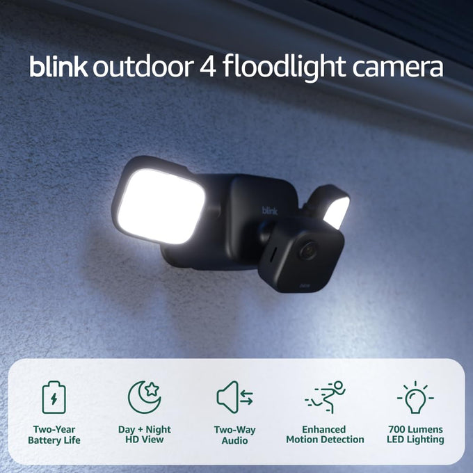 Blink Outdoor 2K+ Floodlight Camera (newest model) — Wireless smart security camera, 2K video resolution, 700 lumens, two-year battery life, Sync Module Core included — 1 camera system (Black)