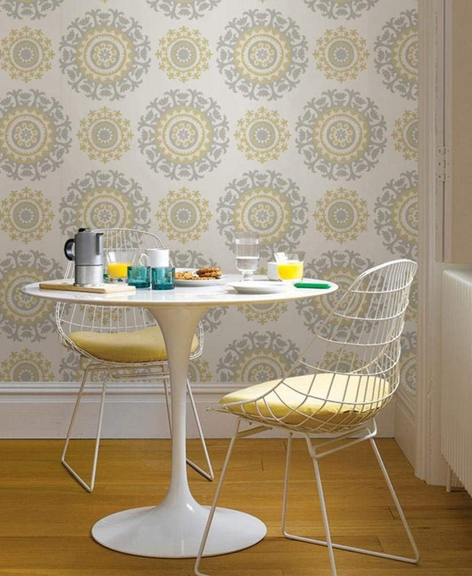 NuWallpaper NU1652 Grey and Yellow Suzani Peel & Stick Wallpaper, Multicolor
