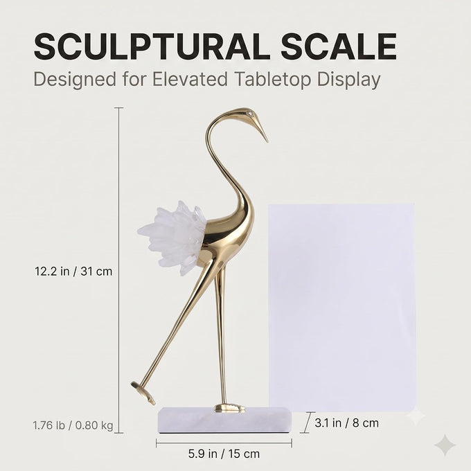 suruim Elegant Gold Crane Bird Statues with Crystal Tail Accents, Decorative Brass Figurines for Home Decor (White B)