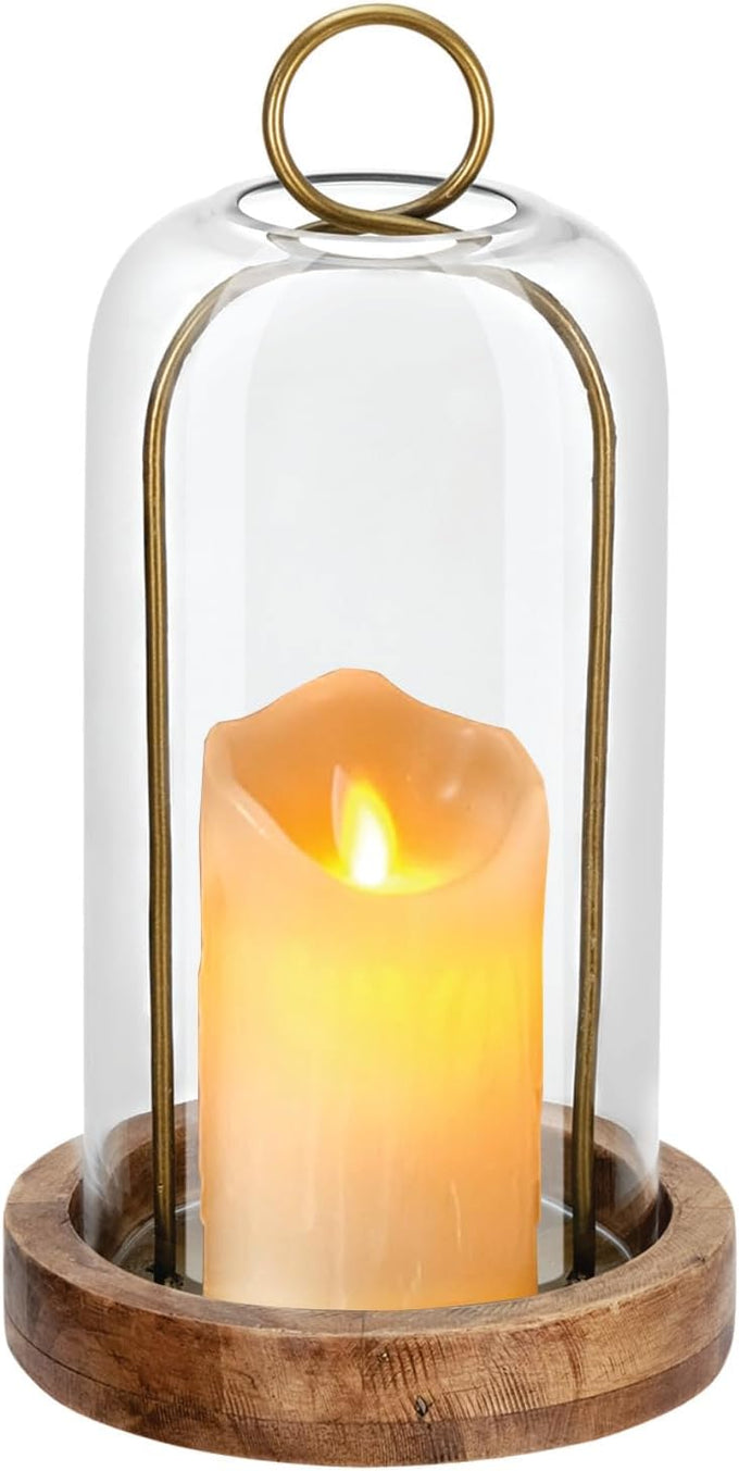 16" High Versatile Vintage Brass Metal Candle Holder with Handmade Sturdy Glass Dome and Natural Wooden Base for Pillar Candle & Plants, Industrial, Farmhouse, Shabby Chic, Display Cloche Bell Jars