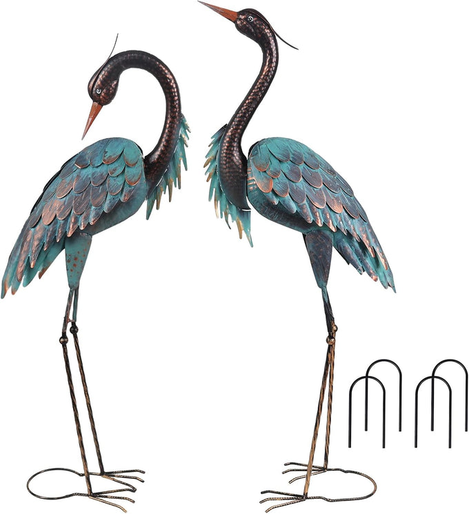 YEAHOME Garden Decor Outdoor Statues, 38"/36" Large Metal Heron Standing Yard Art, Blue Crane Lawn Sculptures Garden Decor for Outside Patio Porch Backyard, Set of 2