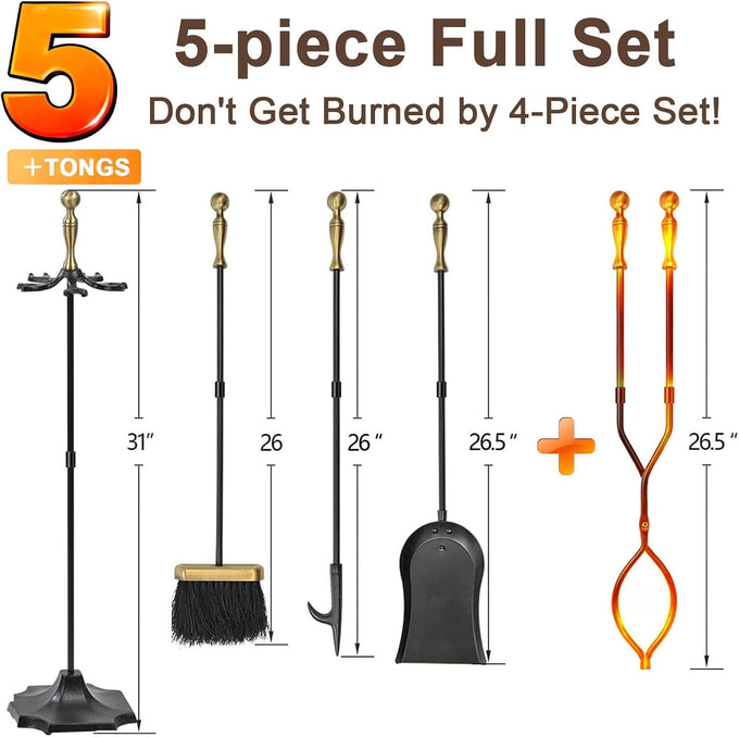 AMAGABELI Garden & Home 5 Pcs Fireplace Tools Brass Handles Wrought Iron Set Holder Indoor Outdoor Fireset Fire Pit Stand Rustic Tongs Shovel Brush Chimney Poker Wood Stove Hearth Accessories Kit