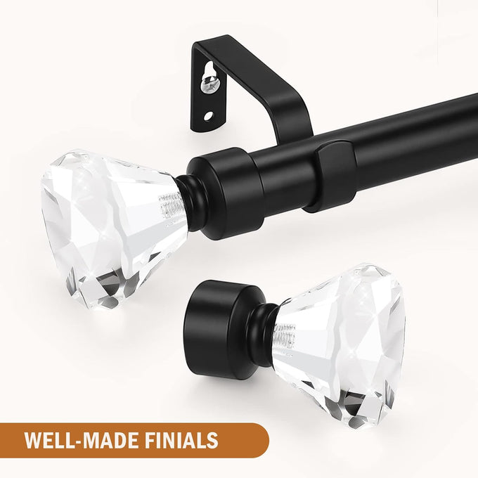 Black 2 Pack Window Treatment Single Curtain Rod, Adjustable Drapery Rod Set from 48 to 86 Inches with Crystal Finial Finials(4-7.2ft), 1-Inch Diameter Curtain Rods for Windows
