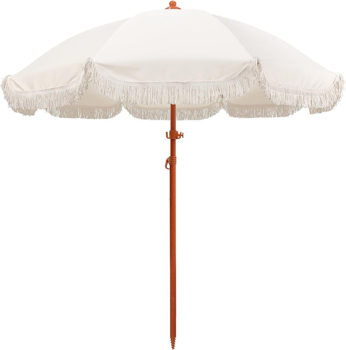 Jihfmo 7ft Cream/White Boho Fringe Beach Umbrella, 8mm Ribs, Sand Anchor