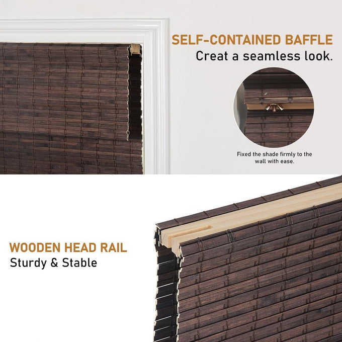 SEEYE Cordless Bamboo Roman Shades, Blackout Natural Bamboo Blinds for Indoor Windows, Roll Up Blind Privacy Shade for Home, Office, Door, UV Resistant & Easy to Install, 42" W x 64" H, Brown