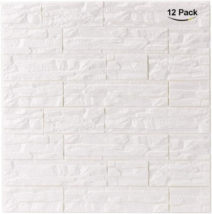 3D Wall Panels Peel and Stick Foam Brick Wallpaper, White, 12Pcs