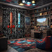 Castle Fairy Red Blue Sword Bedroom Decor Curtains,Sandbox Building Games Window Curtain,Kids Teens Pixelated Style Swords Window Treatment Grey Black Camo Blackout Drapes 2 Panels,52Wx90L