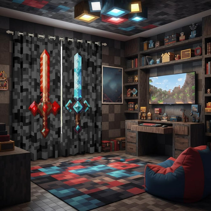 Castle Fairy Red Blue Sword Bedroom Decor Curtains,Sandbox Building Games Window Curtain,Kids Teens Pixelated Style Swords Window Treatment Grey Black Camo Blackout Drapes 2 Panels,52Wx90L