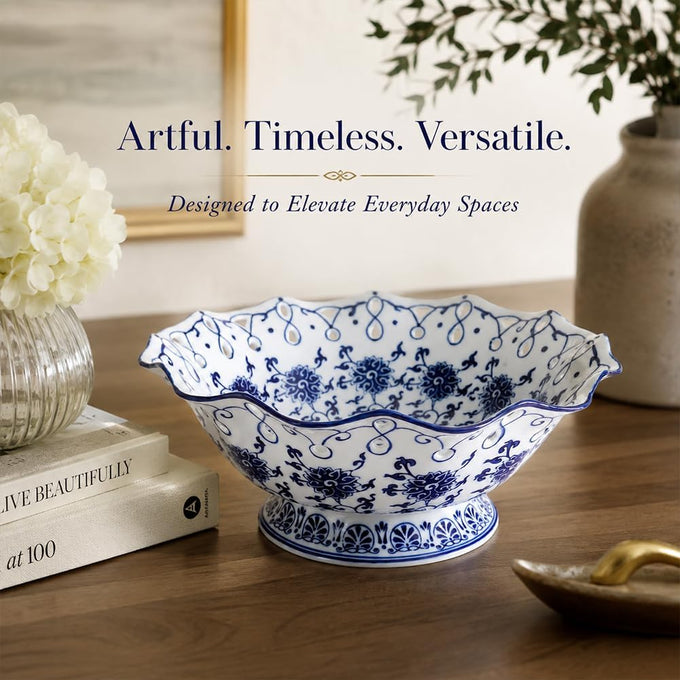 Blue and White Ceramic Fruit Bowl, Chinoiserie Decorative Pedestal Bowl