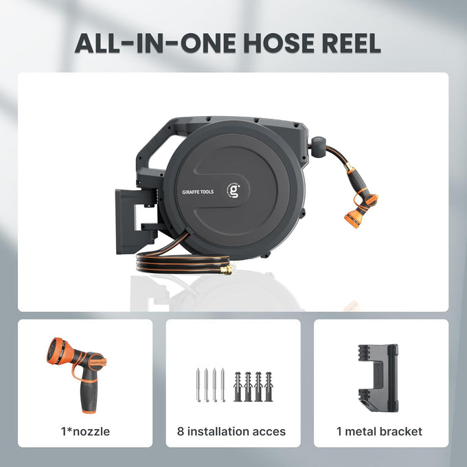 Giraffe Tools Retractable Garden Hose Reel 1/2"78FT Metal Bracket