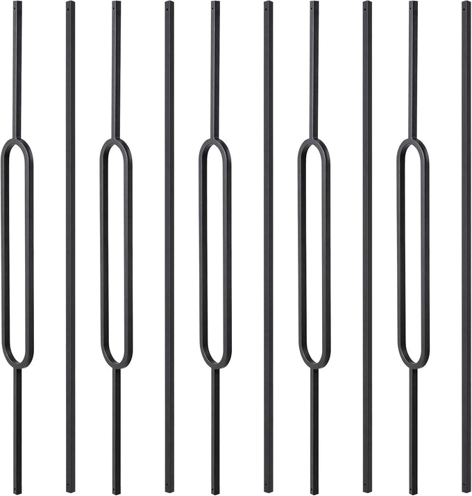 10 Pack Wrought Iron Railing, 44" x 1/2" Rectangular Hollow Staircase Baluster, Black Stair Spindles Balusters for Staircase Interior (5 Rectangular and 5 Straight)