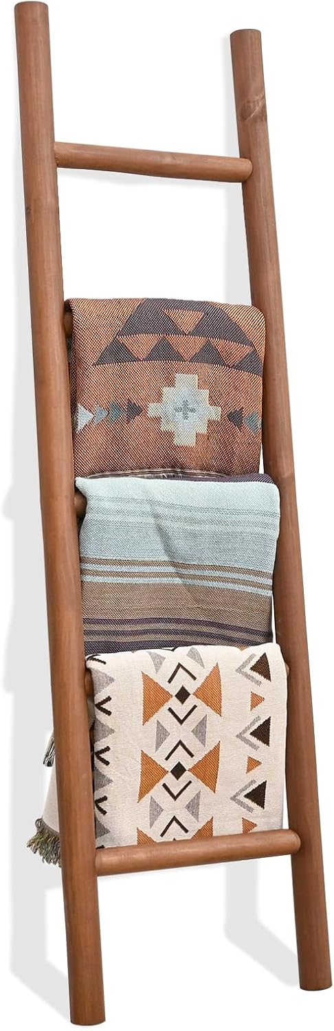 FUIN Blanket Ladder, 57in Wood Rustic Decorative Ladder, Light Gray