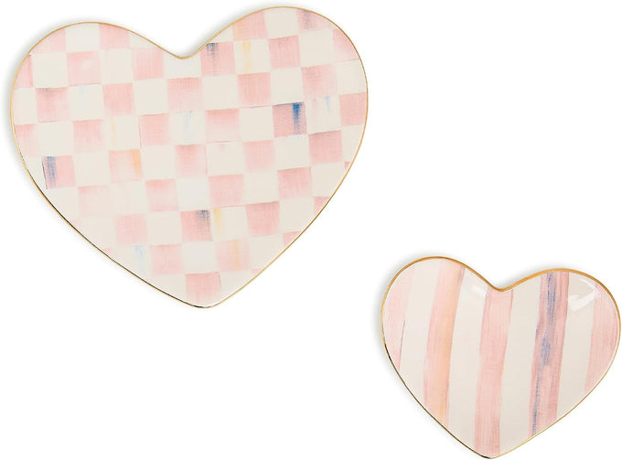 MACKENZIE-CHILDS Set of 2 Ceramic Trinket Dishes, Decorative Bowls and Jewelry Holders, Pink-and-White Rosy Heart