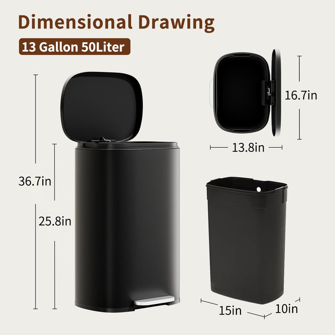 PayLessHere | 13G Trash Can with Lid | Black | Removable Inner Bucket
