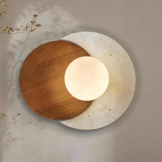 Wabi-Sabi Travertine Wall Sconce, Round Natural Stone & Walnut Wood Accent with White Glass Sphere Lamp Shade, G9 Bulb | Wall Lights for Bedroom, Hallways, Staircases, Hotel, Bars, Cafes