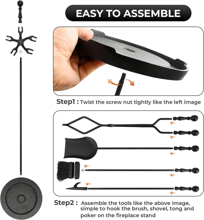 Heavy Duty Cast Iron Fireplace & Fire Pit Tools Set, 5-Piece