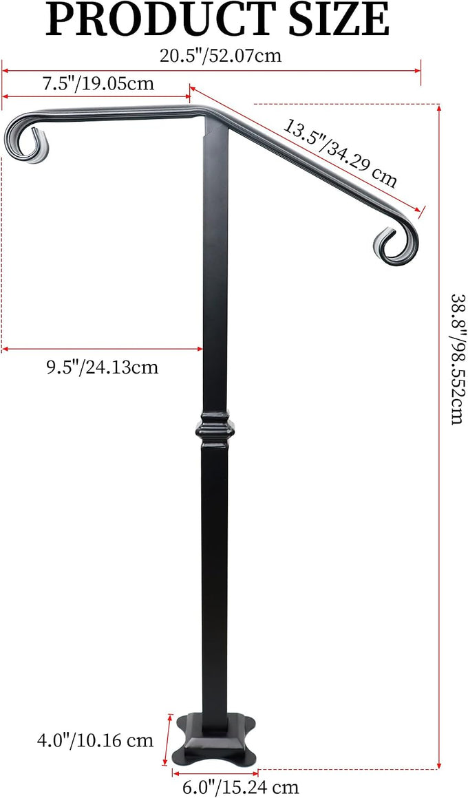 Handrail Railing, Single Post Handrail, Stair Railing for Concrete,Sturdy Handrails with Base, Mountable Iron Stair Handrail for 1 or 2 Steps, Grab Rail for Steps Porch, Railings for Outdoor Step