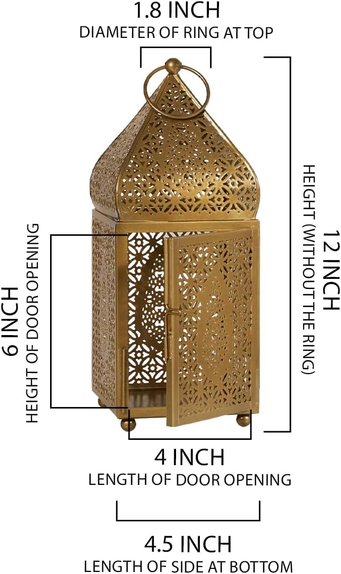 Serene Spaces Living Moroccan Lightweight Thin Gold Ornate Candle Lantern, Antique Gold Lantern, Decorative Candle Holders for Indian Wedding, Eid, Ramadan, Events, 4.5" Diameter & 12" Tall