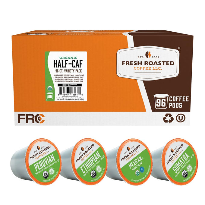 Fresh Roasted Coffee, Organic Water-Processed Half-caf Variety Pack K-Cup Pods for Keurig Brewers, Medium Roast, USDA Organic, Kosher, 96 Count Loose Pack