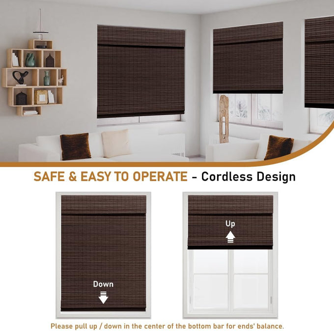 SEEYE Cordless Bamboo Roman Shades, Blackout Natural Bamboo Blinds for Indoor Windows, Roll Up Blind Privacy Shade for Home, Office, Door, UV Resistant & Easy to Install, 42" W x 64" H, Brown