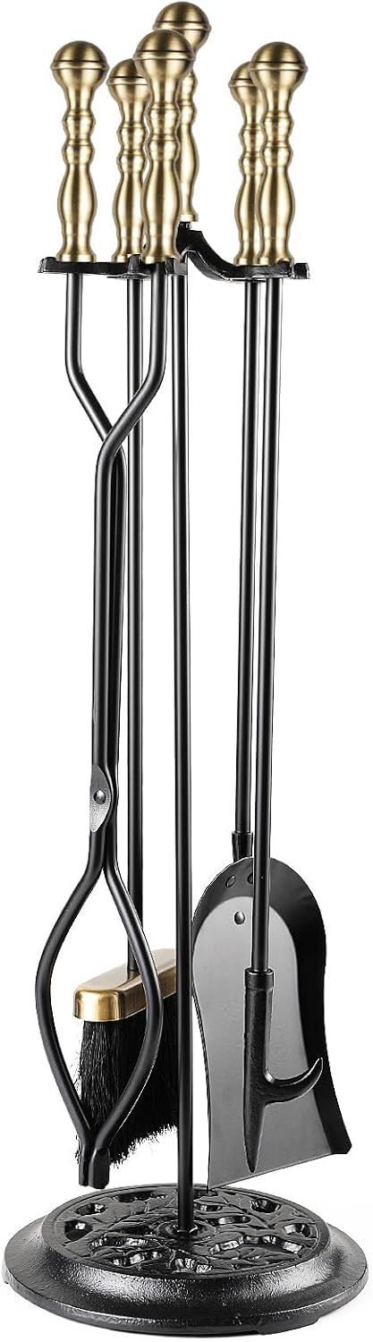 5 Pieces Fireplace Tools Sets Wrought Iron Firewood Kit with Handle Durable Tool Set and Holder for Fire Pit Stand Indoor Tong Shovel Poker Brush Firewood Accessories (Black)