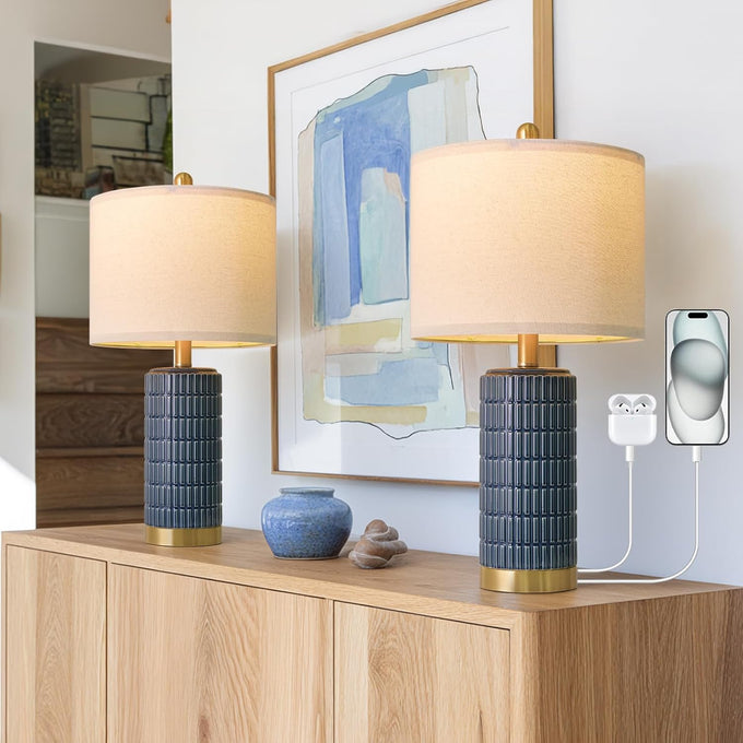 PoKat 20.75" Small Modern Ceramic Table Lamps Set of 2 for Bedroom, White