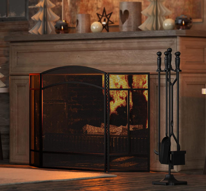 Fire Beauty 3 Panel Wrought Iron Fireplace Screen Spark Guard Cover(Black)