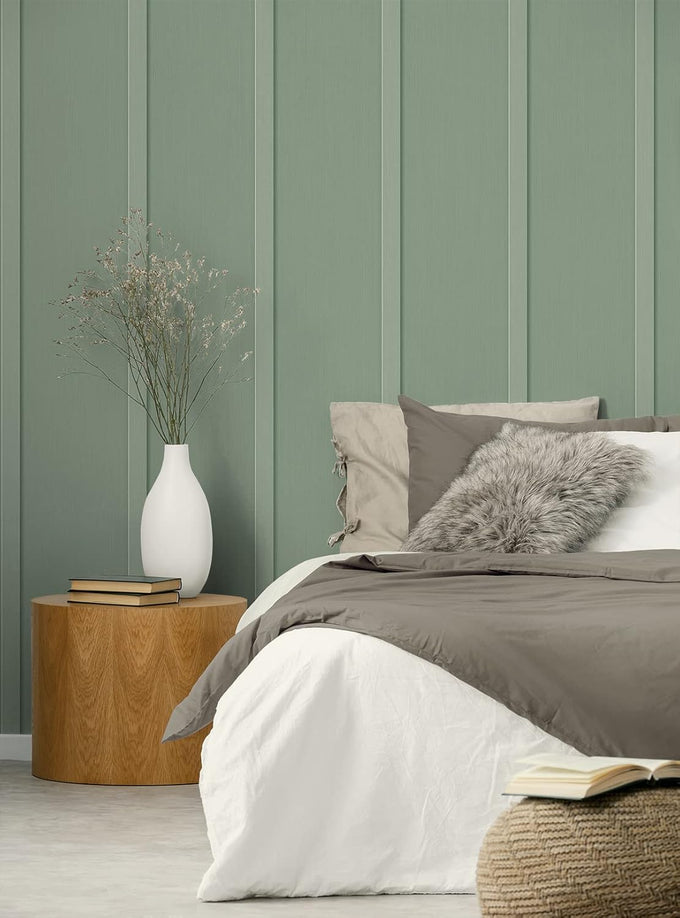 Faux Board and Batten Prepasted Wallpaper (Sage Green)
