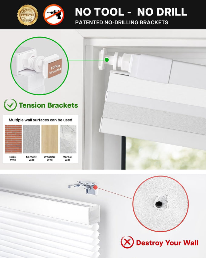 LazBlinds No Drill Cordless Day Night Cellular Shades, 34.5"W x 64"H, White