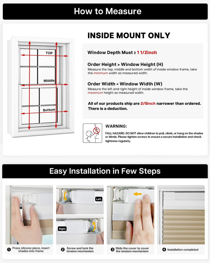 LazBlinds No Drill Cordless Day Night Cellular Shades, 34.5"W x 64"H, White