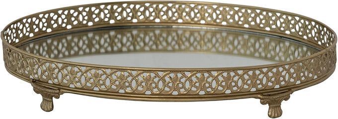 Creative Co-Op Oval Metal Filigree Footed Tray with Mirror, Gold Finish